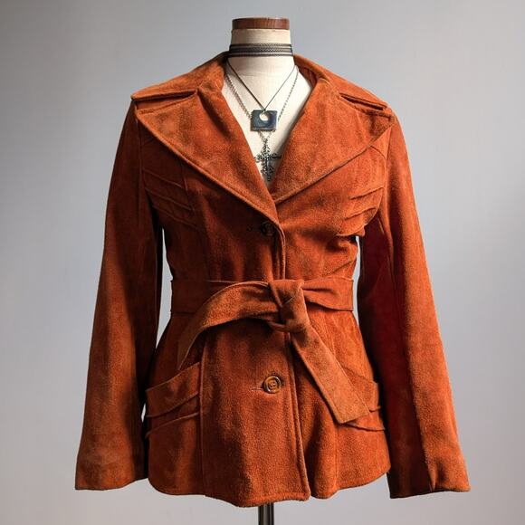 Vintage Orange Brown Suede Jacket Belted Leather Coat Western Rust Red 70s Small - Picture 1 of 10